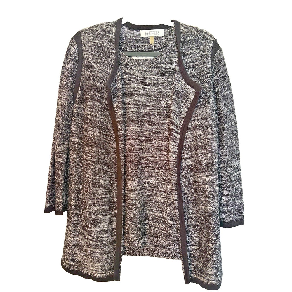Kasper Sweater Set Black White Sparkle Size Large Tank and Cardigan Black Trim‎
